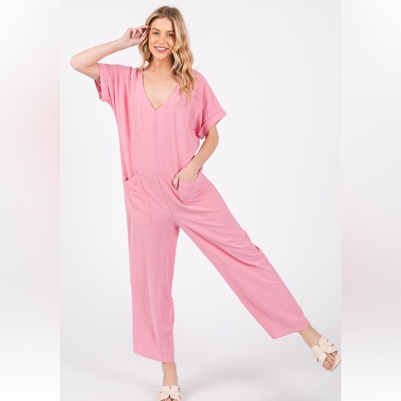 Solid Linen Short Sleeve V-neck Jumpsuit - Picture 3 of 5